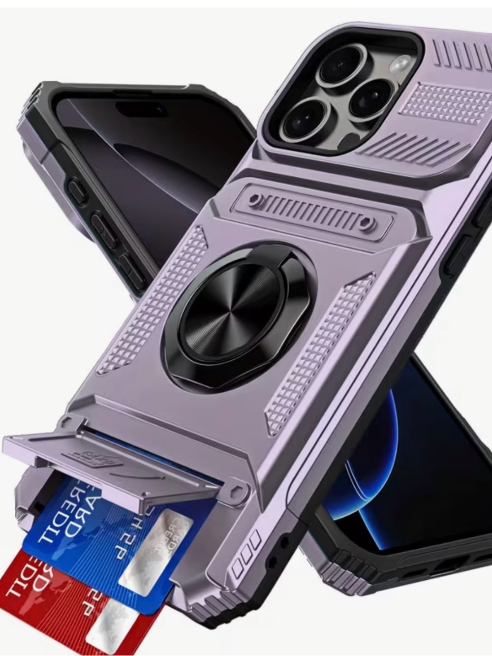 Rugged Lavender Protective iPhone Case with Ring Kickstand & Card Holder
